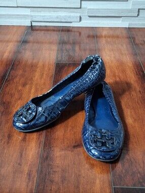 Tory Burch Reva Navy Patent Croc Embossed Ballet Flats Size 9